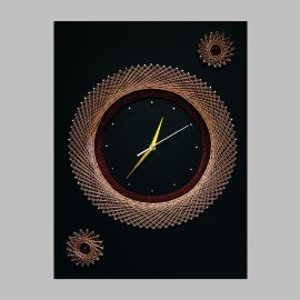 String Art Wall Clock With Black Leather Background, Silent Clock, Fawn and Brown Strings