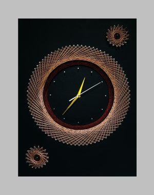 String Art Wall Clock With Black Leather Background, Silent Clock, Fawn and Brown Strings