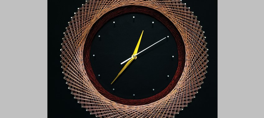 String Art Wall Clock With Black Leather Background, Silent Clock, Fawn and Brown Strings