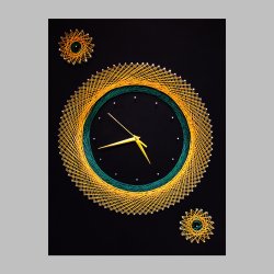 String Art Wall Clock With Black Leather Background, Silent Clock, Yellow and Green Strings