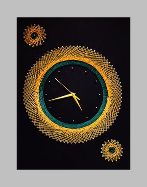 String Art Wall Clock With Black Leather Background, Silent Clock, Yellow and Green Strings