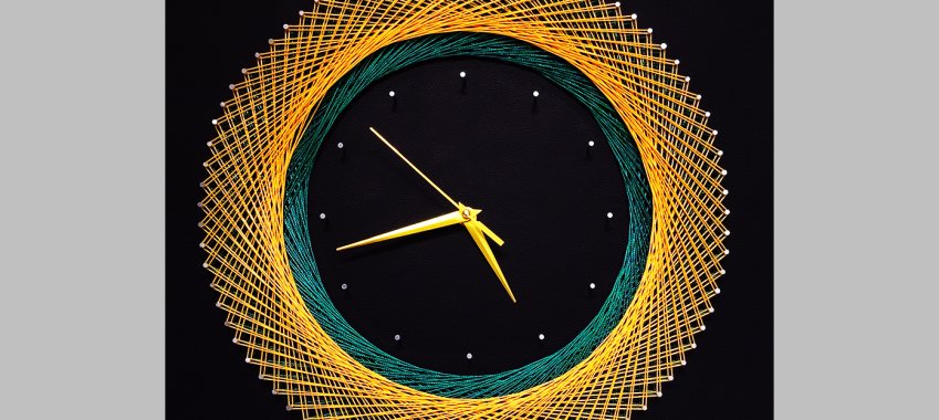 String Art Wall Clock With Black Leather Background, Silent Clock, Yellow and Green Strings