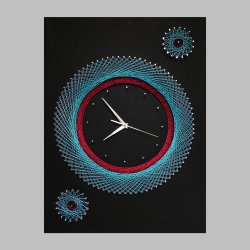 String Art Wall Clock With Black Leather Background, Silent Clock, Blue and Maroon Strings