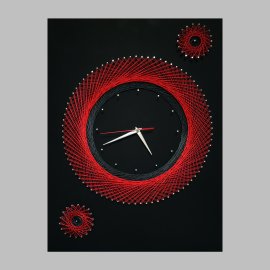 String Art Wall Clock With Black Leather Background, Silent Clock, Red and Grey Strings