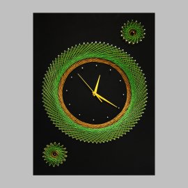 String Art Wall Clock With Black Leather Background, Silent Clock, Yellow and Green Strings