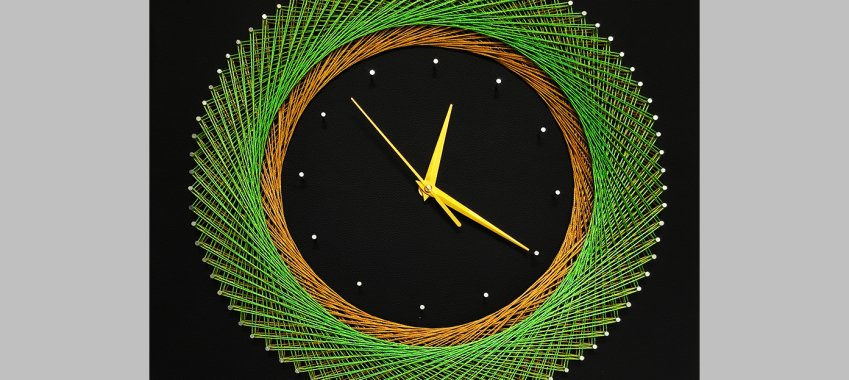 String Art Wall Clock With Black Leather Background, Silent Clock, Yellow and Green Strings